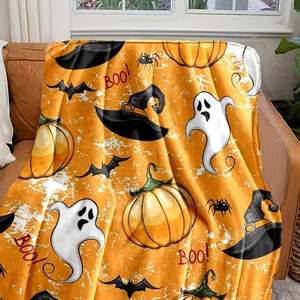 Halloween Theme Plush Throw Blanket Orange With Ghost Pumpkin <b>Witch</b> <b>Hat</b> Pattern Anti-Pilling Machine Washable Home Use - Product Image 2