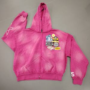 Sweat à capuche zippé surdimensionné et court, 500 g/m², délavé au soleil, effet délavé à l'acide, broderie vintage, strass, fabriqué sur mesure - Product Image 3