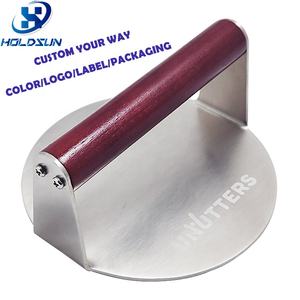 Prensa de <span class=keywords><strong>hamburguesas</strong></span> de acero inoxidable resistente de 6 pulgadas con logotipo personalizado con mango de madera de haya pintada en rojo para hacer <span class=keywords><strong>hamburguesas</strong></span> de carne - Product Image 3