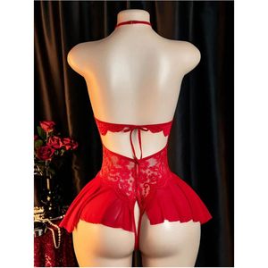 Body en dentelle personnalisé pour femme, col en V profond, dos nu, sexy, extensible, une pièce, lingerie découpée, babydoll à volants - Product Image 3