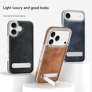 Wholesale Electroplating PU Leather Phone Case for <b>iPhone</b> 18 17 16 15 14 13 12 Pro Max With Hidden Strip Stand Shockproof Cover - Product Image 2