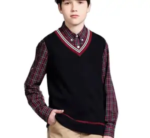 Uniformes de algodão para meninos em idade escolar, blusa sem mangas com decote em V e tricô personalizados