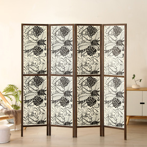 <span class=keywords><strong>Paravent</strong></span> à <span class=keywords><strong>4</strong></span> panneaux et pliable en <span class=keywords><strong>bois</strong></span> de manguier noir et <span class=keywords><strong>blanc</strong></span> à quatre panneaux avec des sculptures traditionnelles - Product Image 4