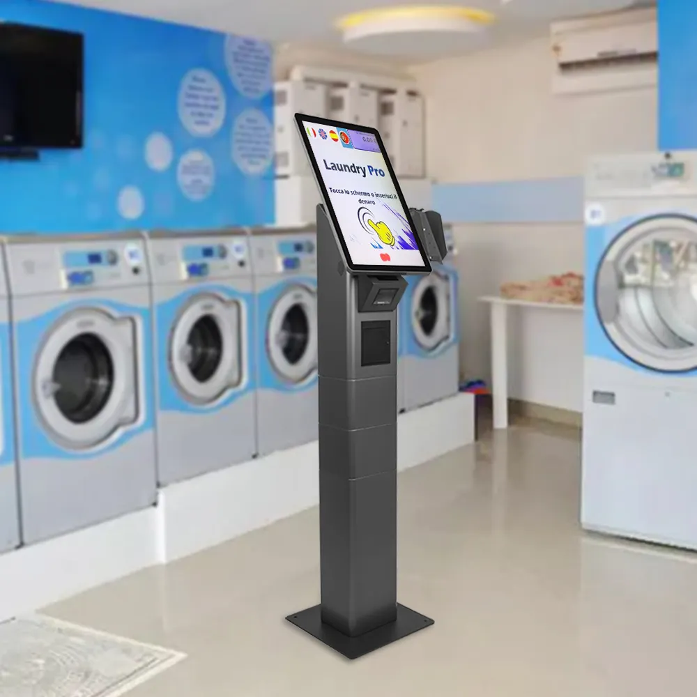 Có thể điều chỉnh góc máy tính để bàn kiosk Màn hình kép Máy quét máy in tự dịch vụ trong cửa hàng tiện lợi Thanh toán ngay lập tức kiosk trong tiệm giặt ủi