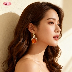 Unisex 18K Gold Plated Brass Twist Square <b>Orange</b> Zircon Stud Earrings Romantic <b>Gift</b> Jewelry - Product Image 5