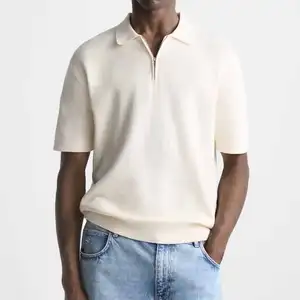 Camisa de malha masculina de alta qualidade 100% algodão com gola polo de malha pulôver de manga curta camisa com meia 1/4 zip