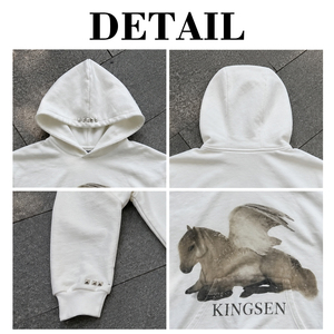 เสื้อฮู้ดดี้ผู้ชายแบบสั่งทำ OEM สีงาช้าง ผ้าคอตตอนหนา พิมพ์ลายม้าเทวดาด้วยเทคนิค DTG ประดับหมุดสีเงิน สไตล์สตรีทแวร์ Y2K ทรงบ็อกซี่ - Product Image 6