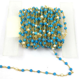 <b>Turquoise</b> and Pearl Gemstone Rosary <b>Beaded</b> Chain - Product Image 1