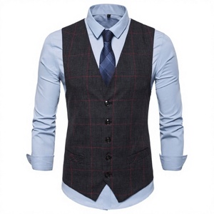 Custom Men's Formal Business Plaid V-Neck Slim Fit <b>Vest</b> Waistcoat Single Button Closure Worsted Fabric Reversible Suit Layering - Product Image 2
