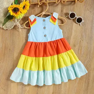 Sommer europäischen und amerikanischen Stil Mädchen Regenbogen Nähte Mode helles Kleid Kinder kleider für Mädchen Großhandel