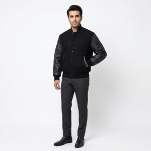 Blouson Bomber Varsity Homme en Coton avec Col Montant Enduit, Broderie Personnalisée sur les Manches, Style Streetwear – Fabricant OEM FINER THREADS - Product Image 1