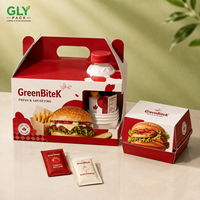 GLY PACK Individuell Bedruckte Fast-Food-Kombi-Tragebox mit Griff für Burger, Pommes, Getränke, Takeaway-Mahlzeiten-Set-Verpackung