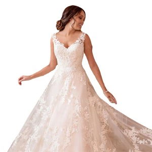 White A-Line Lace Wedding Dress V-Neck Natural Waist Floral Print Polyester Fiber For Petite Brides - Product Image 5