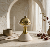 Brûleur à Oud Arabe Vintage Mabkhara Poli à la Main avec Base en Laiton et Travertin, Artisanat Minimaliste Wabi Sabi pour Décoration d'Intérieur