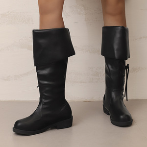 Black Genuine Leather Lace-up Round Toe Flat Knee High <b>Boots</b> with Rubber Outsole and Anti-Slip Feature Drop Shipping - Product Image 5