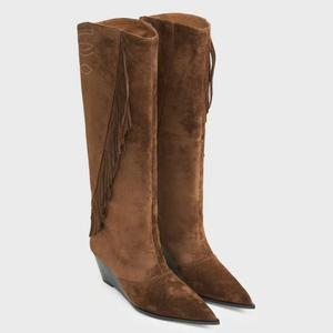 New Style Winter Western <b>High</b> Wedge Heels Side Tassels Suede Pointed Toe Long Boots Women's Flock Fringes <b>Knee</b> <b>High</b> Booties - Product Image 6