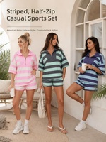 Ensemble de survêtement décontracté 2 pièces pour femme, haut à manches courtes rayé avec col demi-zip et short à taille élastique, broderie personnalisée