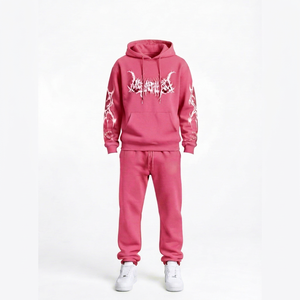 Ensemble de survêtement rose à capuche avec imprimé graphique blanc, manches longues, style streetwear pour adultes, unisexe, en molleton de coton, pour l'automne - Product Image 1