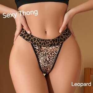 Culotte tentante femmes taille haute léopard t-back voir à travers la garniture en dentelle érotique séduisant élargissement ceinture respirant glace soie - Product Image 1