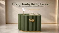 Comptoir de présentation de bijoux sur mesure, armoire incurvée cannelée verte avec cloche en verre trempé et bordure dorée pour boutique et aménagement de magasin de détail
