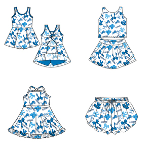 Completo coordinato personalizzato per fratelli e sorelle: Top senza maniche <span class=keywords><strong>blu</strong></span> con fiocco e gonna, vestito al ginocchio, <span class=keywords><strong>pantaloncini</strong></span> da yoga, abbigliamento sportivo carino - Product Image 1