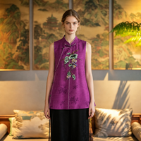 Gilet en soie Kesi pour femme, broderie française faite à la main, style néo-chinois, sans manches, avec boutons mandarin