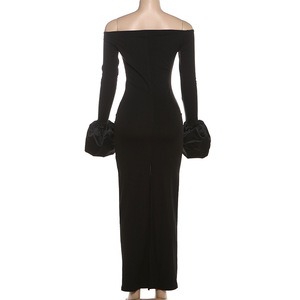 Elegante Abito Lungo con Spalle Scoperte e Maniche Lunghe, <span class=keywords><strong>Glamour</strong></span> Senza Tempo in Nero, Vestito Sexy da <span class=keywords><strong>Donna</strong></span> per l'Autunno - Product Image 4