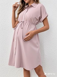 Nuevo Vestido Casual de Maternidad Estilo Europeo Americano, de Verano, Manga Corta, con Botones, Diseño Tipo Camisa con Cinturón, en Poliéster - Product Image 6