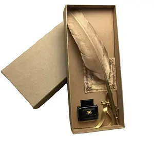 Juego de regalo de pluma de pavo de Color dorado, juego de tinta con caja de logotipo personalizado