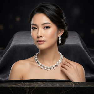 ชุดสร้อยคอทองเหลืองประดับเพชรคิวบิกเซอร์โคเนียและมุกเทียม ดีไซน์หรูหราสำหรับเจ้าสาว เครื่องประดับแฟชั่นชุบโรเดียม ชุดสร้อยคอโชคเกอร์มุกเทียมสำหรับผู้หญิง - Product Image 2