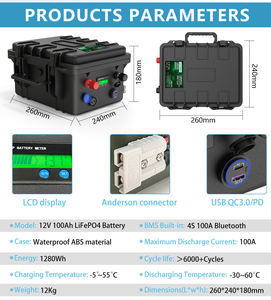 แบตเตอรี่ลิเธียมแบบพกพา 12V 80Ah กล่องกันน้ำ ชุดแบตเตอรี่สำหรับเรือคายัคตกปลา - Product Image 2