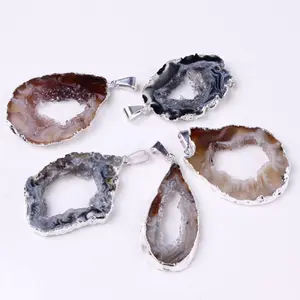 DIY Gold Color Natural Open Slice Agates Geode Druzy With Amethysts Crystal Druzy Pendants crystal jewelry