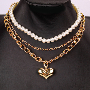 Collar de Varias Capas Estilo Europeo Americano, Colgante de Corazón con Perlas de Imitación, Joyería de Moda, Regalo para Mujer - Product Image 1