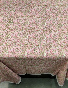 Pink Hand Block Printed <b>Tablecloth</b> Woven Cotton Fabric Floral Print Table Linen for Home Dining <b>Party</b> - Product Image 3