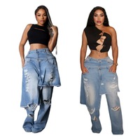 2026 En gros Été Automne Jean déstructuré pour femme, style tablier, double ceinture, effet usé, coupe droite
