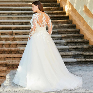V-Neck Plus Size A-Line Wedding Dress White Long Sleeve Lace Trim Fit For Outdoor Church Wedding - Product Image 2