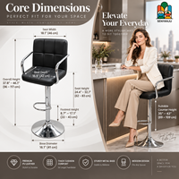 Tabouret de bar noir avec revêtement capitonné, structure chromée, accoudoirs, réglage par vérin à gaz, pour bar, pub, restaurant, chaises de bar commerciales