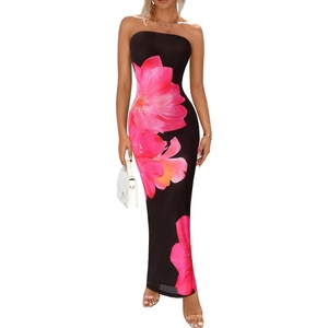 Nouvelles robes midi pour femmes, coupe classique, taille naturelle, épaules dénudées, sans bretelles, avec imprimé floral color-block - élégantes et tendance - Product Image 1