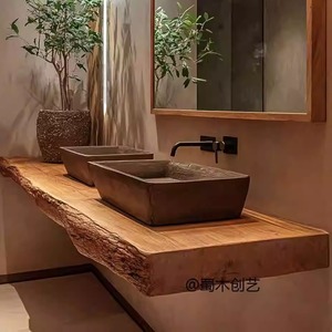 Meuble-lavabo mural flottant en bois massif à bord naturel, style antique, pour <span class=keywords><strong>salle</strong></span> <span class=keywords><strong>de</strong></span> <span class=keywords><strong>bain</strong></span>, meuble <span class=keywords><strong>de</strong></span> <span class=keywords><strong>salle</strong></span> <span class=keywords><strong>de</strong></span> <span class=keywords><strong>bain</strong></span> en bois naturel - Product Image 1