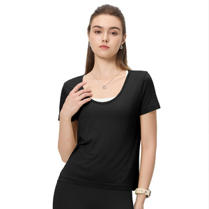 Merino <b>Wool</b> Tencel Women's Short Sleeve Yoga Top Casual Fitness Sport Shirt Solid Color T3040 - Product Image 5