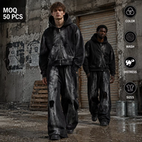 Ensemble sweat à capuche zippé et pantalon de survêtement noir délavé personnalisé pour homme, style streetwear, fournisseur de vêtements en gros OEM ODM avec logo et marque privée