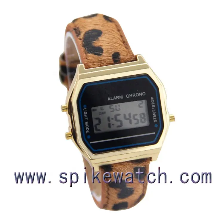 Metal Alloy Case Digital LCD mens fashion leopard leather watch