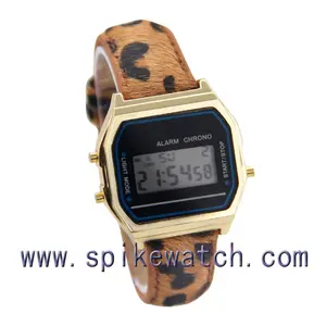 Casing Logam Campuran LCD Digital Jam Tangan Kulit Macan Tutul Mode Pria