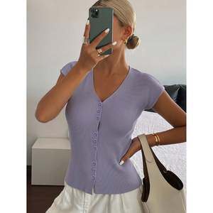 Fitted V Neck <b>Cardigan</b> Women's Short Sleeve Knit Top <b>Black</b> - Product Image 2