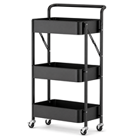 Chariot de rangement à 3 niveaux en acier au carbone avec roulettes, chariot utilitaire pour la maison, la cuisine, la salle de bain, étagère organisatrice noire multi-usages