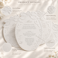 Carte de menu de mariage personnalisée découpée sur mesure, gaufrée, en papier coton épais, bordure florale ovale, cartes de menu imprimées personnalisées, vente en gros OEM