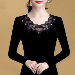 Women's Fleece Lined Long Sleeve Lace <b>Top</b> Slim Fit Black Autumn Base <b>Layer</b> Elegant Hollow Out Diamond Stud Splicing - Product Image 4