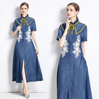 Nouvelle robe chemise d'été à la mode Taille amincissante Robe longue en jean A-line pour femmes