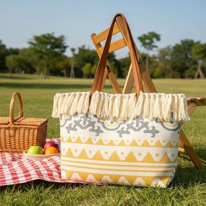 Sacs à main de style bohème avec pompons, sacs fourre-tout en toile grande capacité, sacs en toile écologiques pour les voyages en plein air et le shopping - Product Image 2