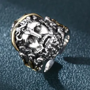 BOCAI S925 Sterling Silver Banhado A Ouro Pedra Natural Charme Anel para Homens Nova Moda Retro Zeus Cabeça Retrato Ajustável Jóias - Product Image 4